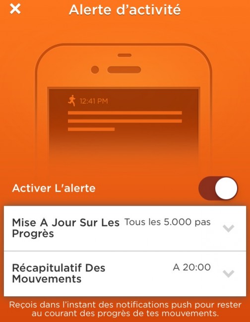 Vous pouvez choisir de recevoir une alerte à un certain intervalle d'activité et à une certaine heure.