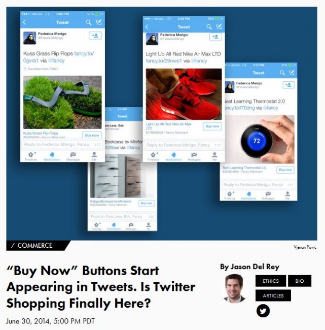 Re/code publie des captures d'écran montrant un bouton "Buy now" depuis l'application Twitter pour iOS. © DR