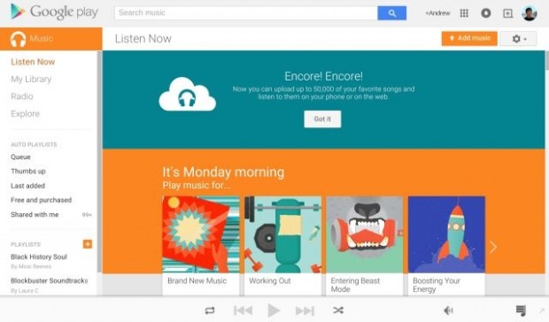 Capture d'écran du service Googe Music