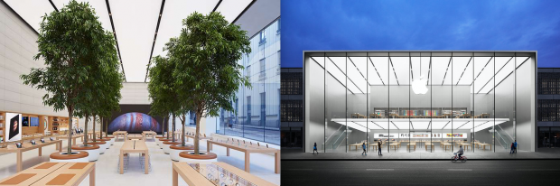 L'Apple Store de Bruxelles à gauche, celui de West Lake (Chine), à droite. Mixez les deux, et vous obtenez celui de San Francisco ! - © DR