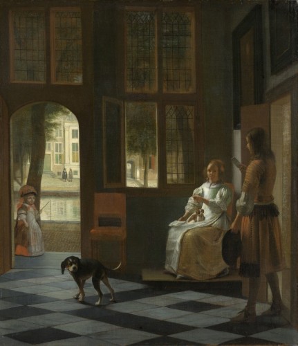 Le tableau en question. - © Man Handing a Letter to a Woman in the Entrante Hall of a House, Pieter de Hooch, 1670.