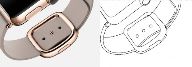 à gauche, un visuel promotionnel de l'Apple Watch, à droite, un schéma du brevet de Samsung. - © DR