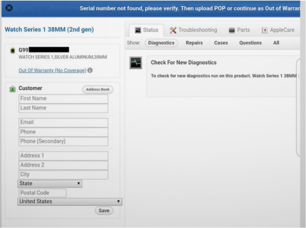 Un screenshot du GSX d'Apple.