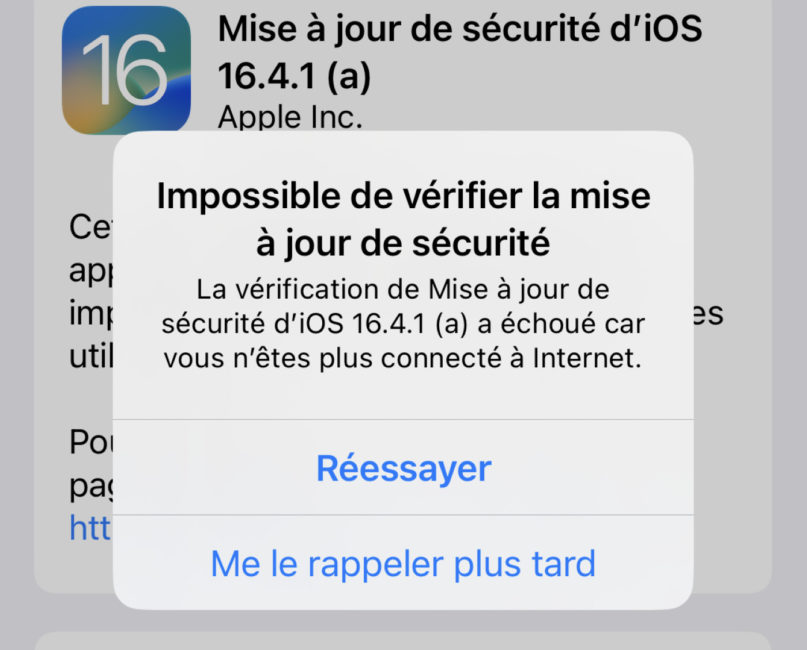 pop-up qui mentionne l'impossibilité de faire la mise à jour